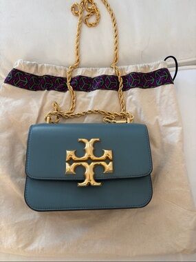 Tory Burch Teal Leather Crossbody with Gold Logo Chain